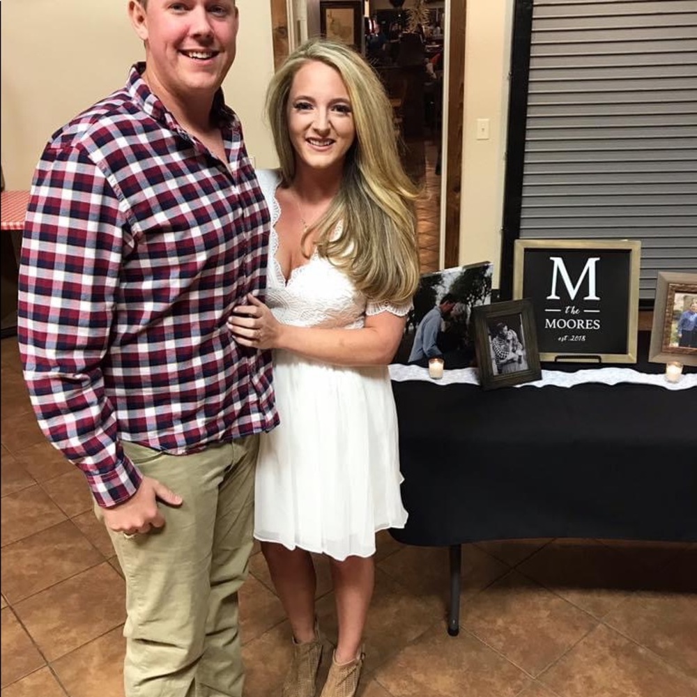 Lulus white lace rehearsal dinner dress